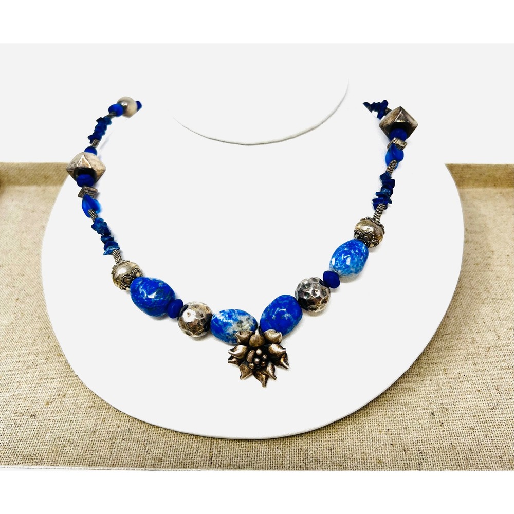Sterling Silver Lapis Lazuli Beaded Necklace with Succulent Flower Pendant